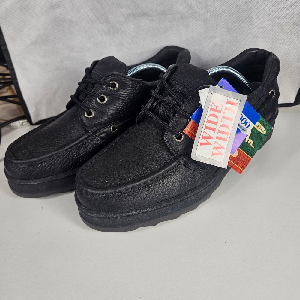Thom McAn Mens Black Leather Boat Shoes Wide Width Poron 4000 Loafers Size 11